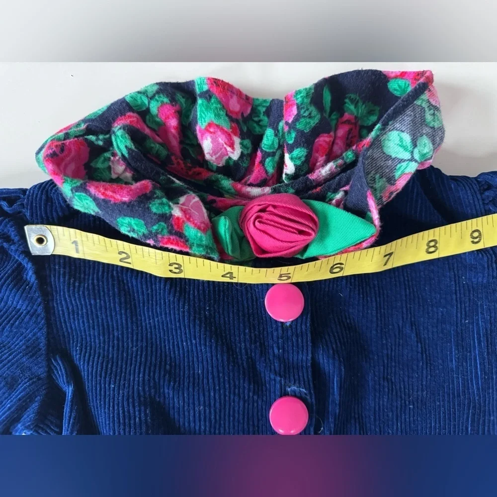 Vintage 80s 90s Blue Corduroy Floral Collar Jumper Romper Outfit Toddler 2T